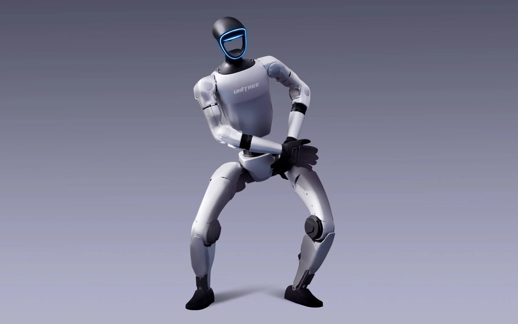 Unitree G1 humanoid with bent knees and its hands held together