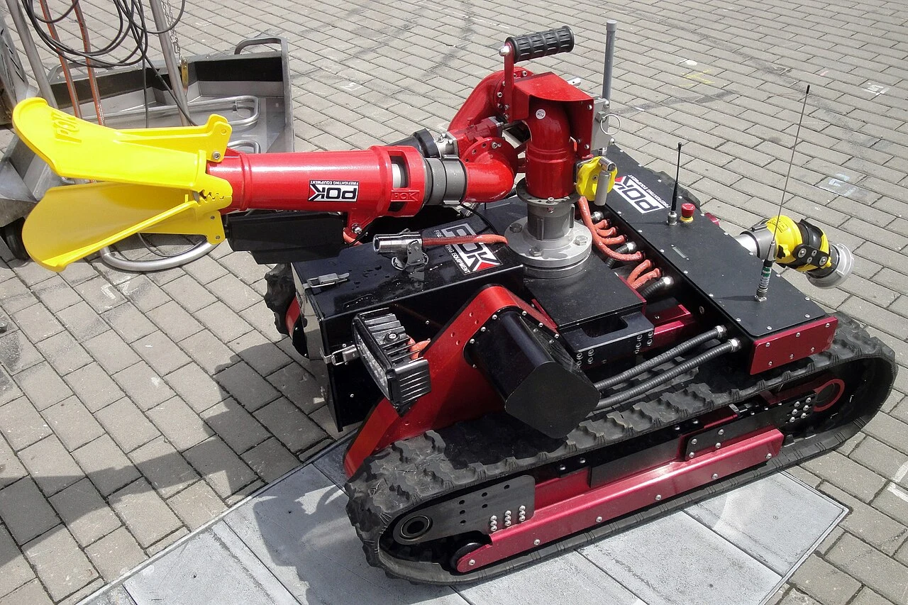 A POK Jupiter firefighting robot at a fire equipment exhibition