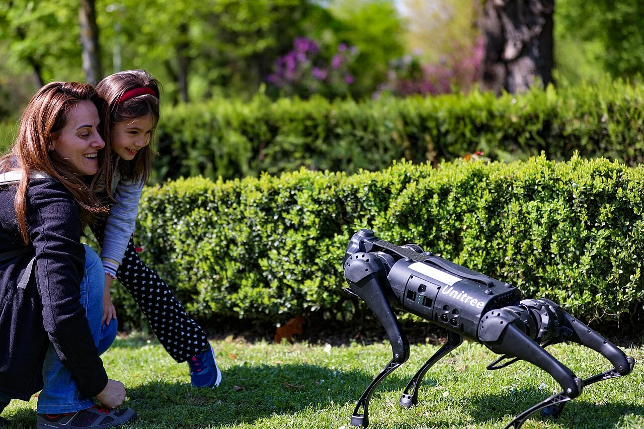 A Unitree Go1 quadruped robot outdoors